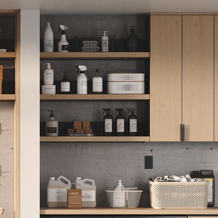 Skaksel Concretey Floating Shelf with solid concrete-style wood and a functional steel mount for modern wall organization