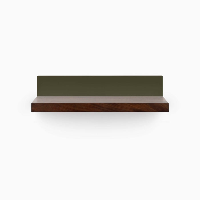 Skaksel Dutch Mocha Floating Shelf with rich mocha wood ledge and olive green steel mount for modern wall display and organization