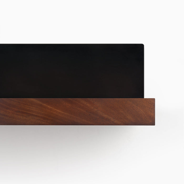Skaksel Dutch Mocha Floating Shelf with rich wood ledge and sleek matte black steel mount for modern wall display and storage