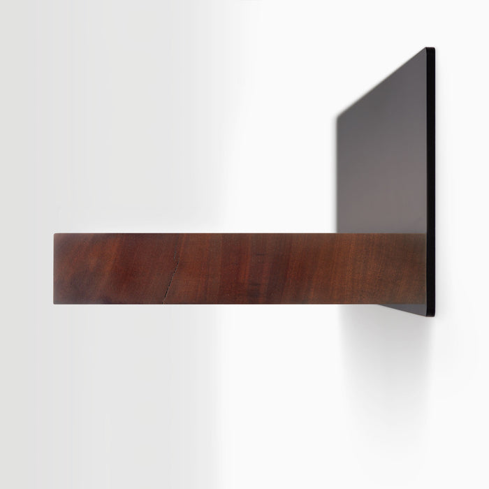 Skaksel Dutch Mocha Floating Shelf with rich wood ledge and solid matte black steel mount for elegant wall organization