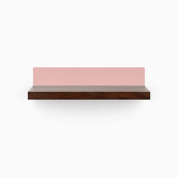 Skaksel Dutch Mocha Floating Shelf with rich wood ledge and soft pink steel mount for stylish wall display and organization