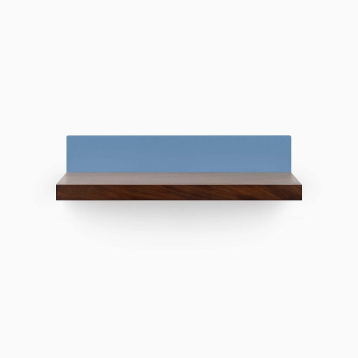 Skaksel Dutch Mocha Floating Shelf with solid wood ledge and matte blue steel mount for modern wall display and storage