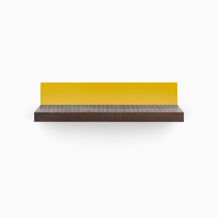 Skaksel Espresso Rustic Floating Shelf with solid dark wood ledge and vibrant honey mustard steel mount for modern wall display