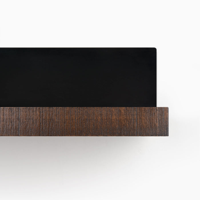 Skaksel Espresso Rustic Floating Shelf with solid espresso wood ledge and matte black steel mount for wall display and organization