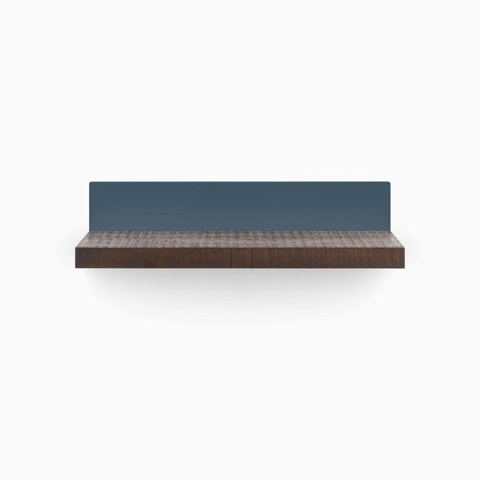 Skaksel Espresso Rustic Floating Shelf with solid espresso wood ledge and muted blue steel mount for versatile wall display and organization