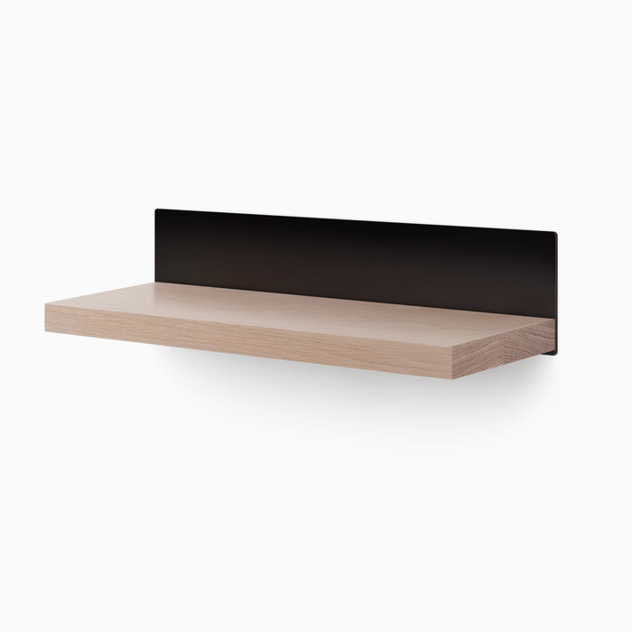 Skaksel Glazed White Oak Floating Shelf with smooth wood ledge and sturdy matte black steel wall mount for sleek display and organization