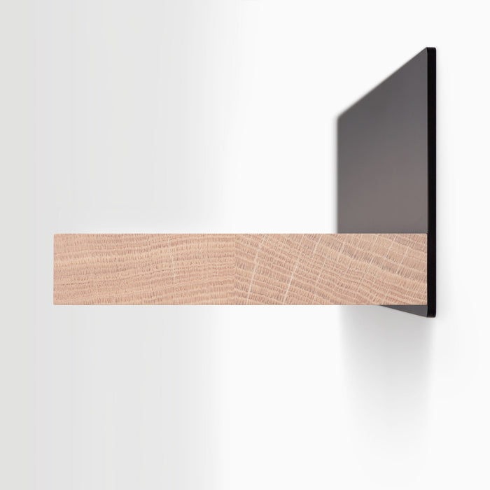 Skaksel Glazed White Oak Floating Shelf with smooth wood ledge and solid matte black steel mount for wall display and organization