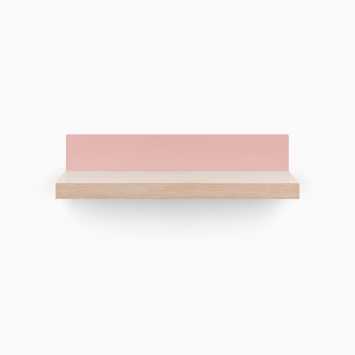 Skaksel Glazed White Oak Floating Shelf with solid wood ledge and pink steel display ledge for stylish wall organization