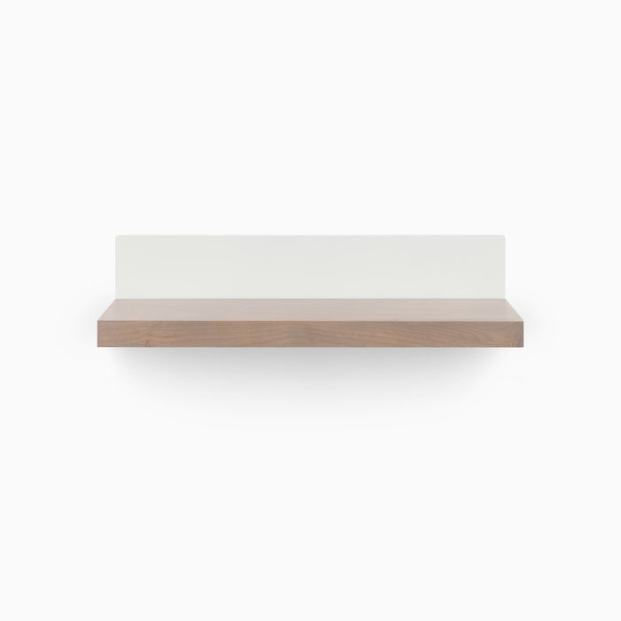 Skaksel Hatch Grey Floating Shelf with smooth grey wood ledge and sleek white steel mount for wall display and organization