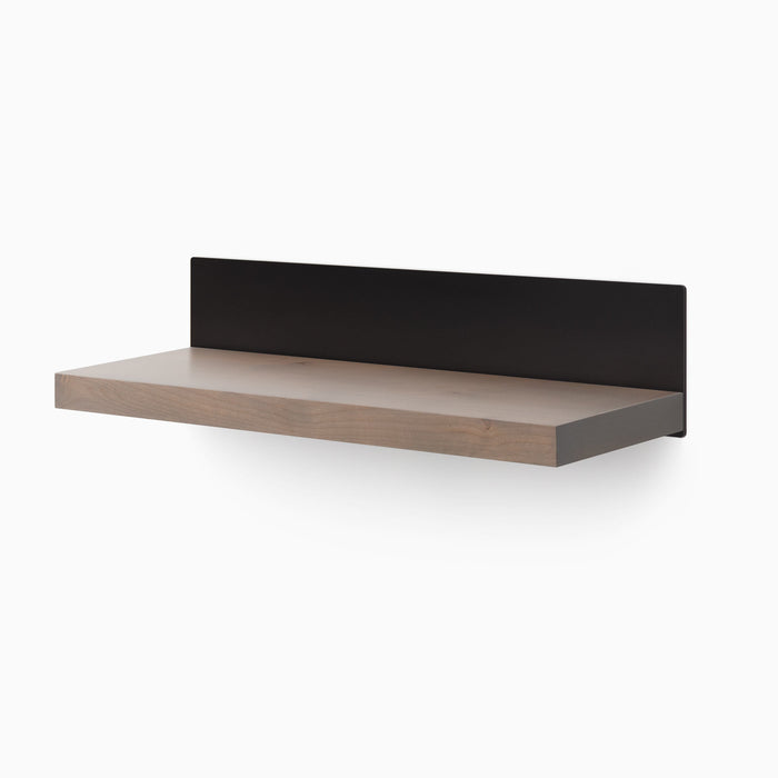 Skaksel Hatch Grey Floating Shelf with smooth grey wood ledge and matte black steel mount for minimalist wall display and organization