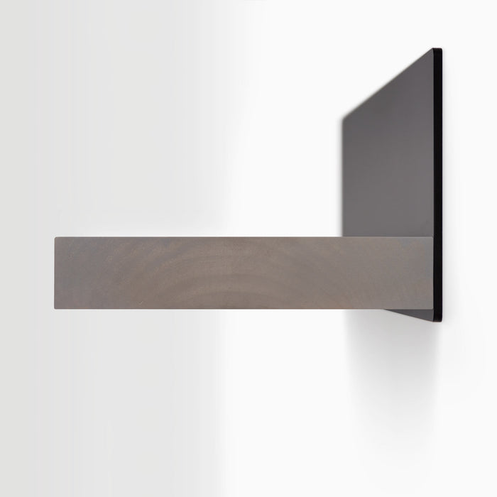 Skaksel Hatch Grey Floating Shelf with smooth grey wood ledge and solid black steel mount for modern wall display