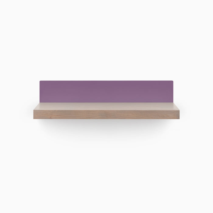 Skaksel Hatch Grey Floating Shelf with smooth wood ledge and vibrant purple steel mount for modern wall display and organization