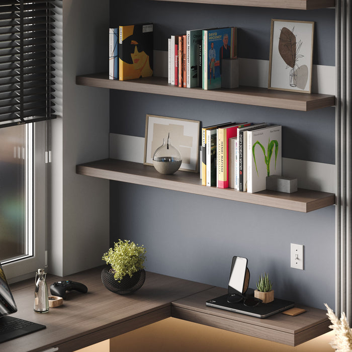 Skaksel Arsenic Floating Shelf with sleek wood ledge and concealed mounting for clean, minimalist wall shelving and display organization