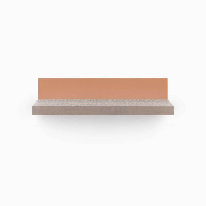 Skaksel Hatch Grey Rustic Floating Shelf with solid grey rustic wood ledge and terracotta steel mount for modern wall display and organization