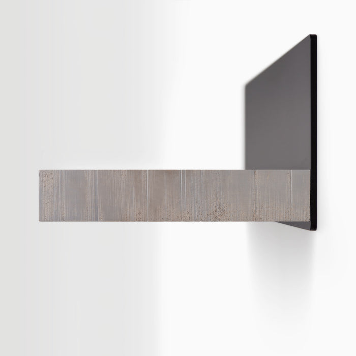Skaksel Hatch Grey Rustic Floating Shelf with solid grey rustic wood ledge and matte black steel mount for minimalist display