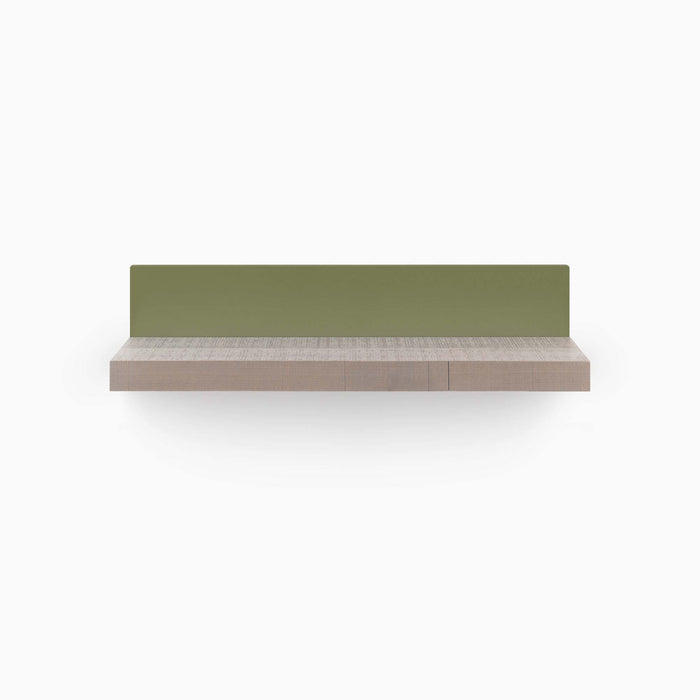 Skaksel Hatch Grey Rustic Floating Shelf with solid grey rustic wood ledge and olive green steel mount for wall display and organization