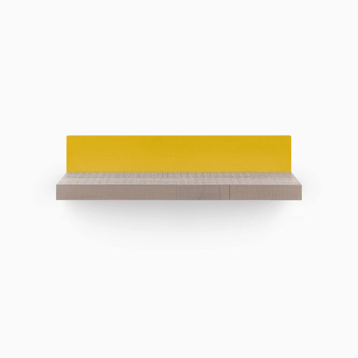 Skaksel Hatch Grey Rustic Floating Shelf featuring a solid grey rustic wood ledge with a honey mustard steel mount for wall display