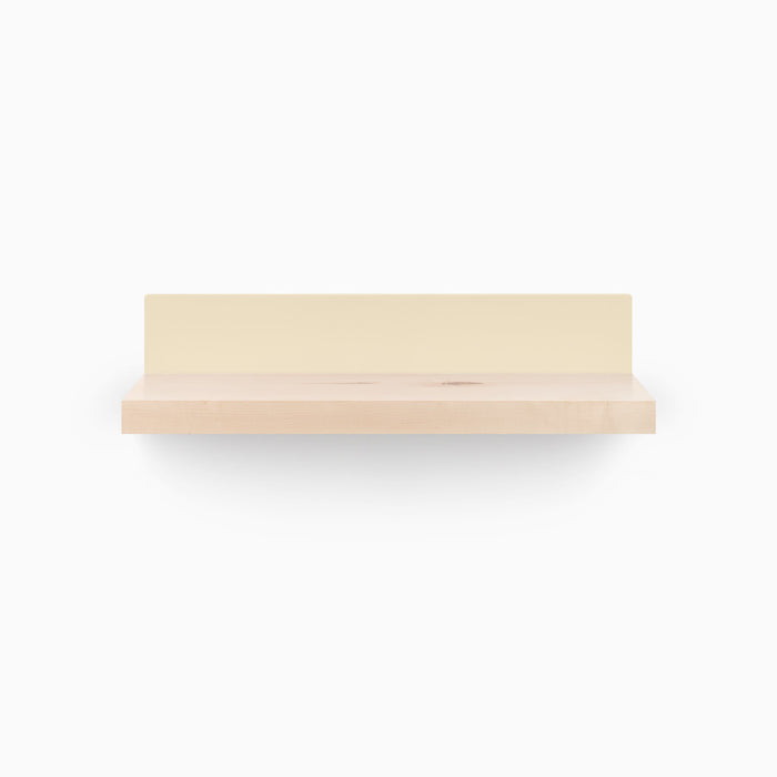Skaksel Maple Floating Shelf featuring a light maple wood ledge with a sleek cream steel mount for modern wall display.
