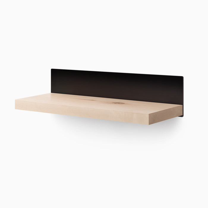 Skaksel Maple Floating Shelf with light maple wood and matte black steel mount for sleek wall shelf display and organization