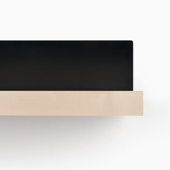 Skaksel Maple Floating Shelf with light maple wood and matte black steel mount for sleek wall shelf display and organization
