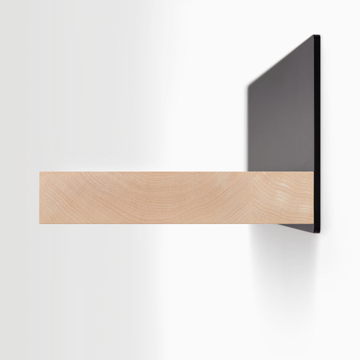 Skaksel Maple Floating Shelf with solid maple wood ledge and matte black steel mount for minimalist wall display and organization