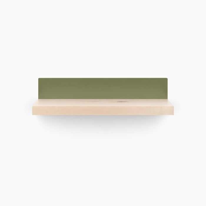 Skaksel Maple Floating Shelf featuring a natural maple wood ledge with an olive green steel mount for stylish wall organization