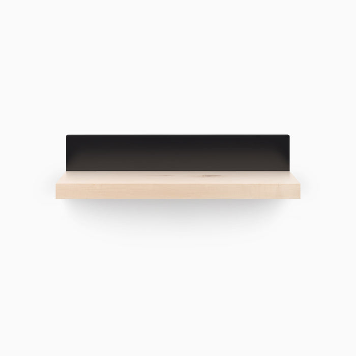 Skaksel Maple Floating Shelf with a light maple ledge and sleek black steel mount for modern wall display and organization