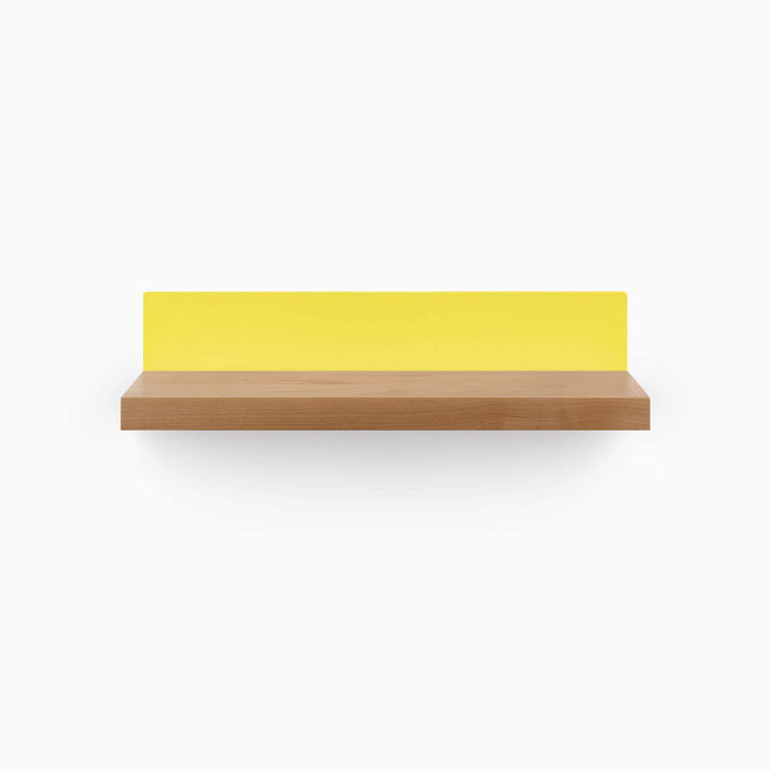 Skaksel Nutmeg Floating Shelf with solid hardwood ledge and vibrant yellow steel back panel for playful wall display and storage