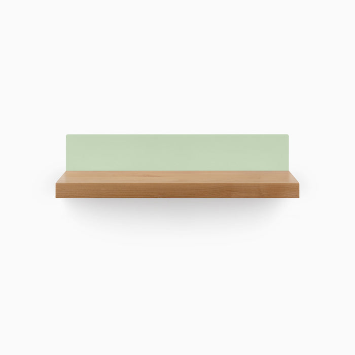 Skaksel Nutmeg Floating Shelf with solid hardwood ledge and muted green steel back panel for stylish wall display and storage