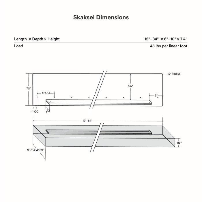 Technical drawing showing dimensions and load capacity for Skaksel Nutmeg Floating Shelf with detailed measurements and profile views
