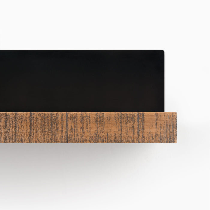 Skaksel Nutmeg Rustic Floating Shelf with textured wood ledge and solid matte black steel bracket for stylish wall display and storage