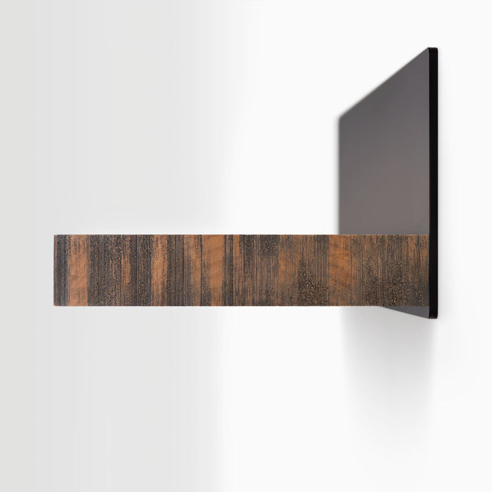 Skaksel Nutmeg Rustic Floating Shelf with textured wood ledge and solid matte black steel mount for wall display and organization