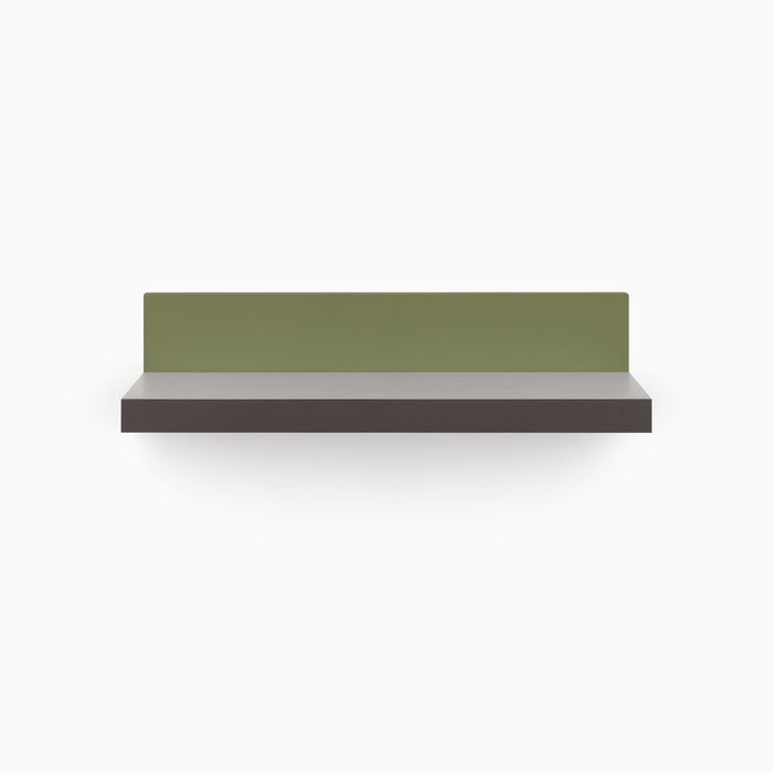 Skaksel Tungsten Floating Shelf with smooth dark ledge and muted olive steel mount for modern wall display and organization