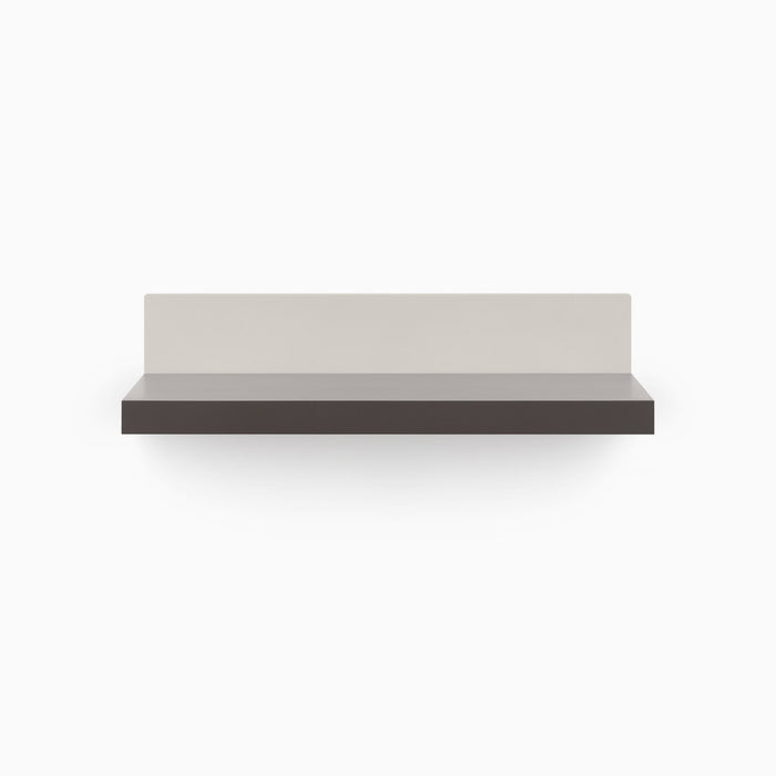 Skaksel Tungsten Floating Shelf with smooth dark ledge and muted concrete steel mount for modern wall display and organization