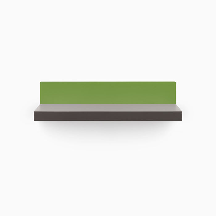 Skaksel Tungsten Floating Shelf with smooth dark ledge and vibrant green steel mount for modern wall display and organization
