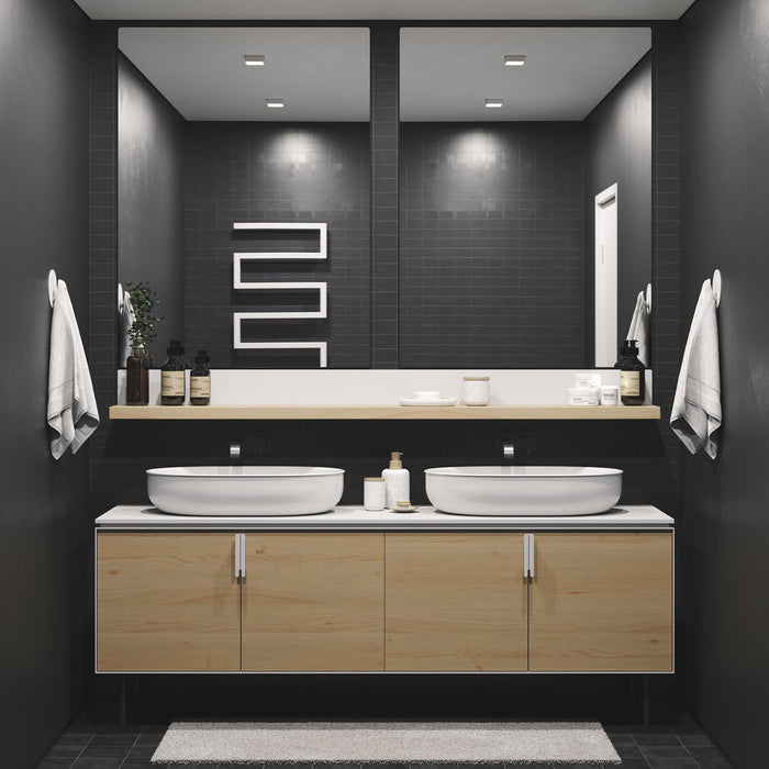 Skaksel Tungsten Floating Shelf with solid steel mount and natural wood ledge for modern bathroom display and organization