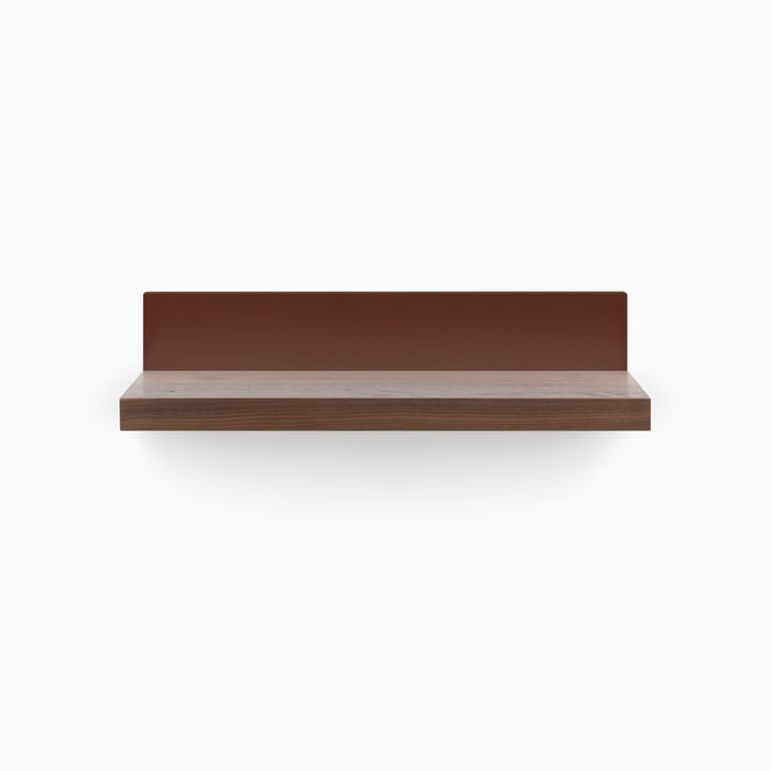 Front view of Skaksel wall shelf with solid alder wood in espresso finish and witchy rose metal backplate, modern floating design