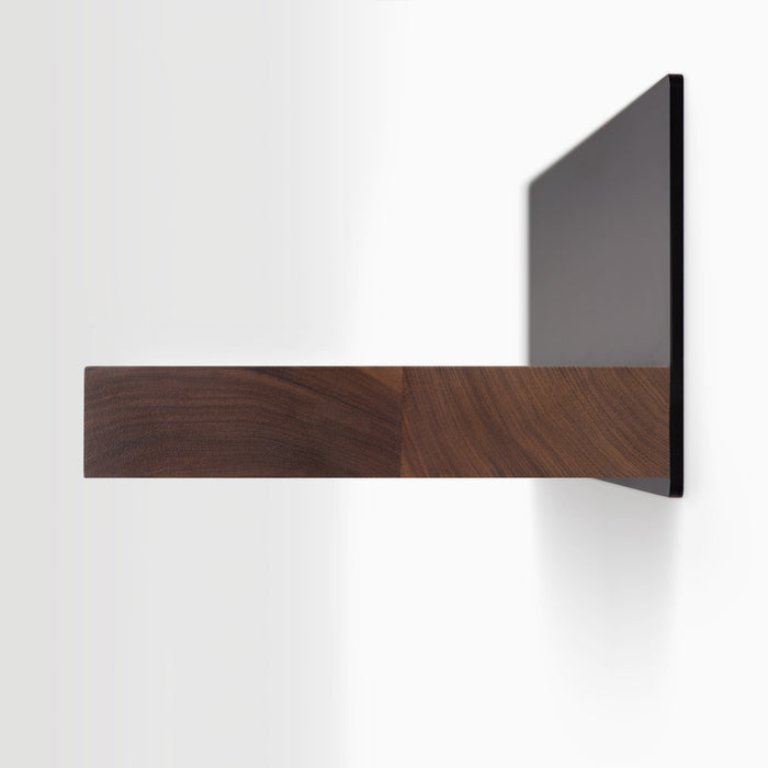 Skaksel Walnut Floating Shelf with solid walnut ledge and a matte black steel mount for sleek wall display and organization