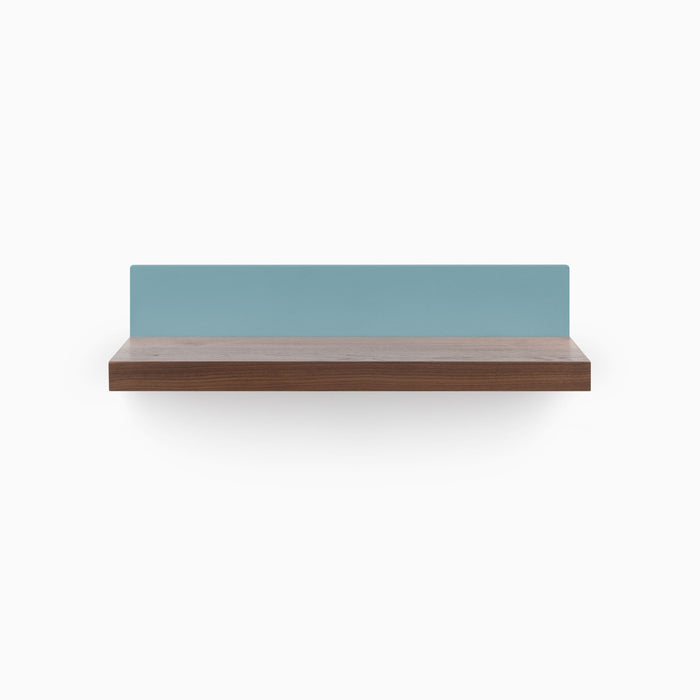 Skaksel Walnut Floating Shelf with solid walnut ledge and steely blue steel mount for functional wall display and organization