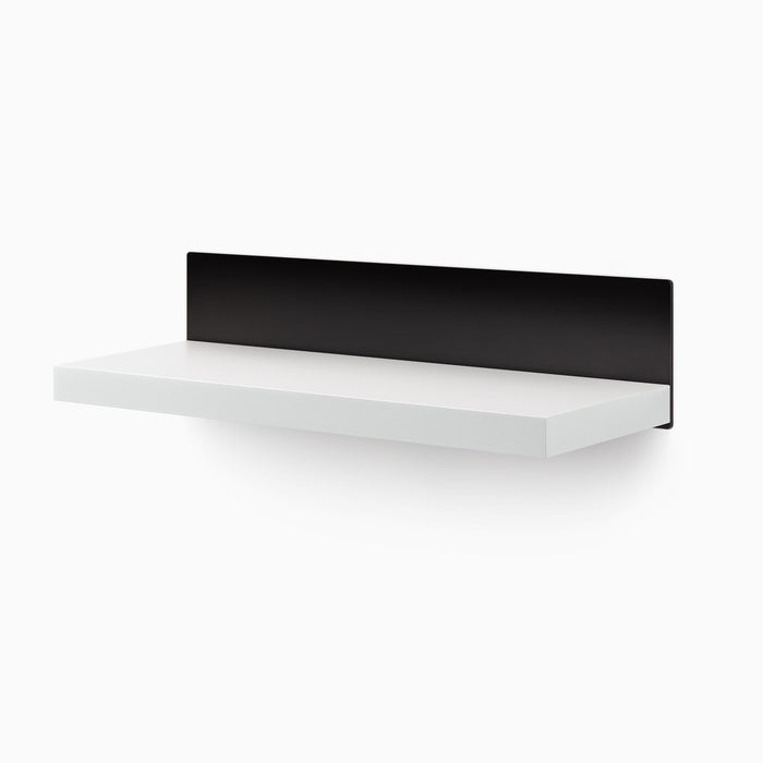 Skaksel White Floating Shelf with crisp white ledge and sturdy black steel mount for minimalist wall display and organization