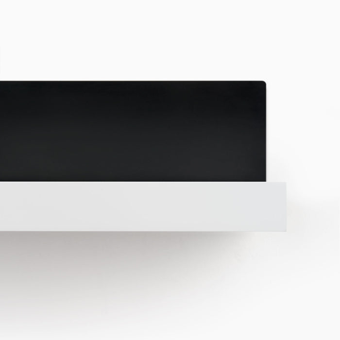 Skaksel White Floating Shelf with solid white ledge and matte black steel mount for sleek wall display and organization
