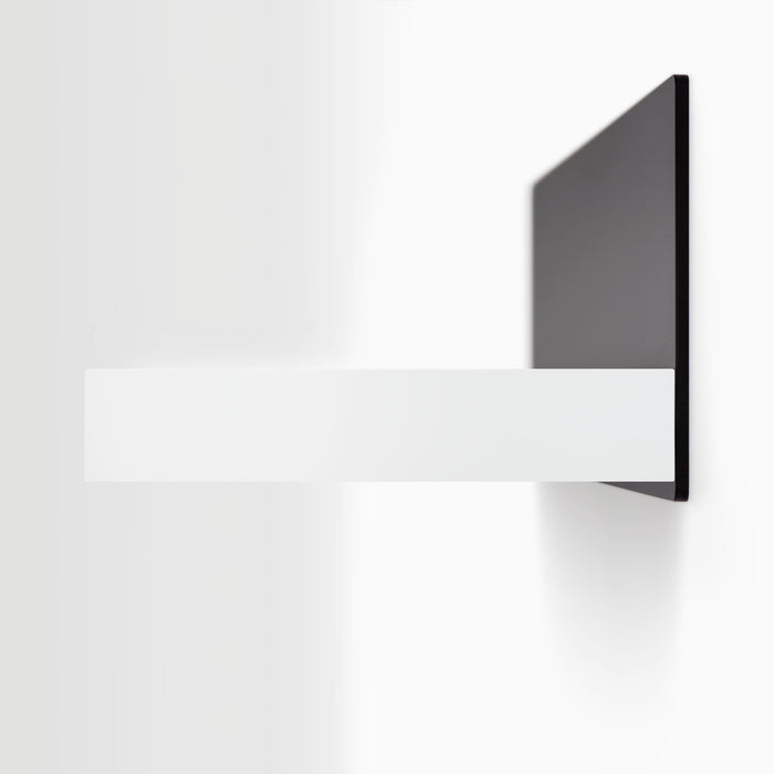 Skaksel White Floating Shelf with solid white ledge and matte black steel mount for sleek wall display and organization