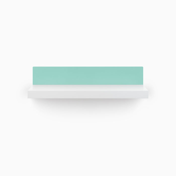 Skaksel White Floating Shelf with clean white ledge and contrasting mint green metal back panel for modern wall display and organization
