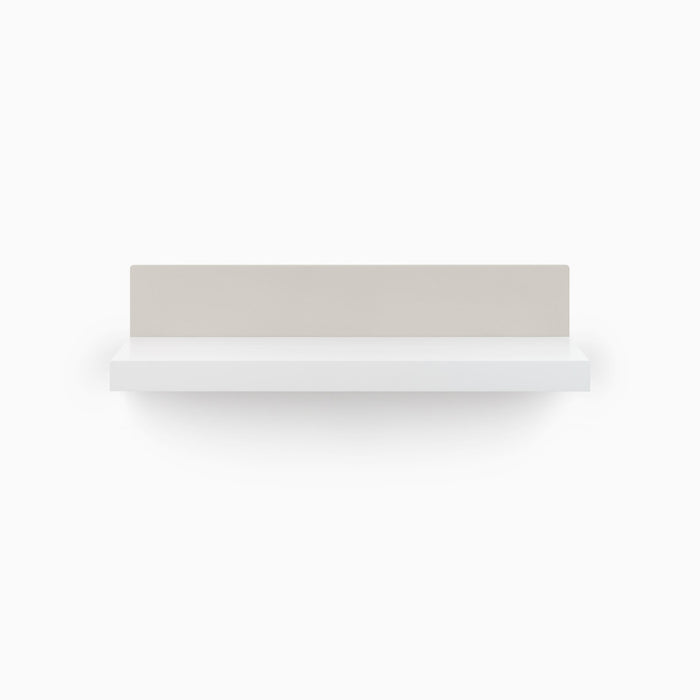 Skaksel White Floating Shelf with solid white ledge and light gray metal back panel for minimalist wall display and organization
