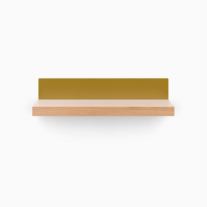 Skaksel White Oak Floating Shelf with a natural white oak ledge and muted olive steel mount for modern wall display