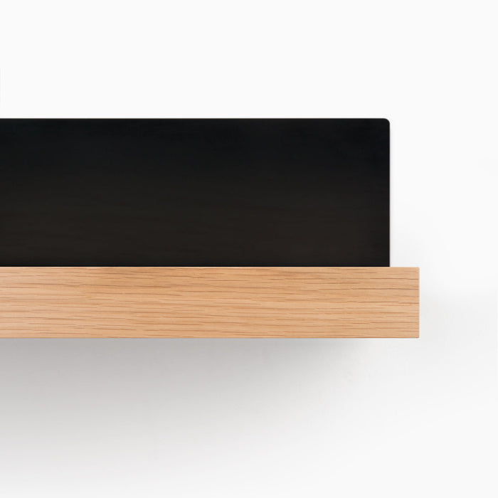 Skaksel White Oak Floating Shelf with natural white oak ledge and matte black steel mount for modern wall display and organization