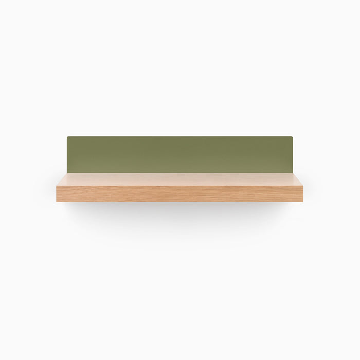 Skaksel White Oak Floating Shelf with solid white oak ledge and muted olive steel mount for minimalist wall display and organization