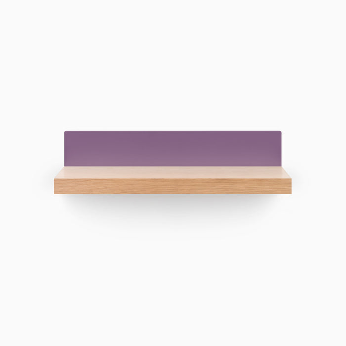 Skaksel White Oak Floating Shelf with a natural white oak ledge and muted purple steel mount for modern wall display and organization