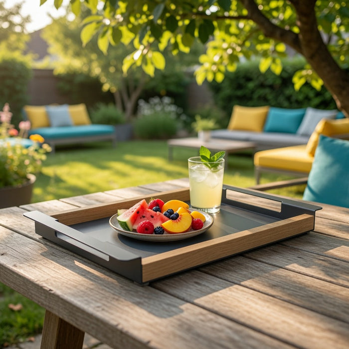 Slide Serving Tray with wood and steel mixed-material design holding a plate of fresh fruit and a glass of lemonade on a wooden outdoor table.