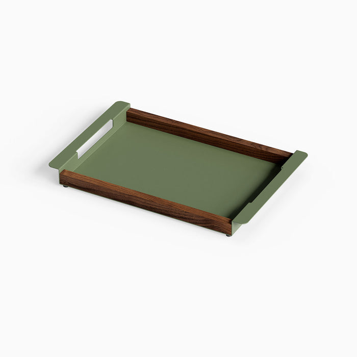 Slide Serving Tray featuring a modern green steel base framed by solid walnut hardwood edges and integrated handles for stylish serving and display.